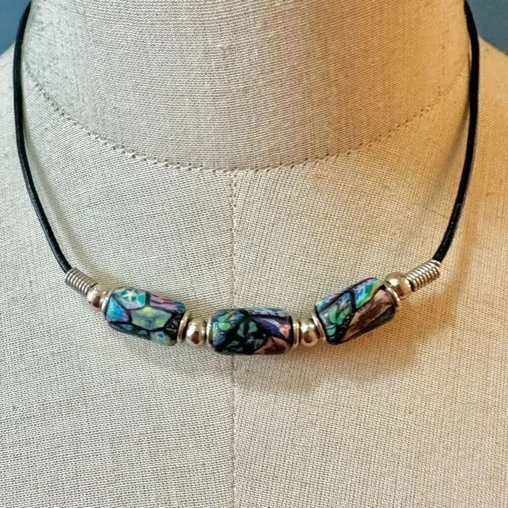Blue clay painted beaded necklace on cord